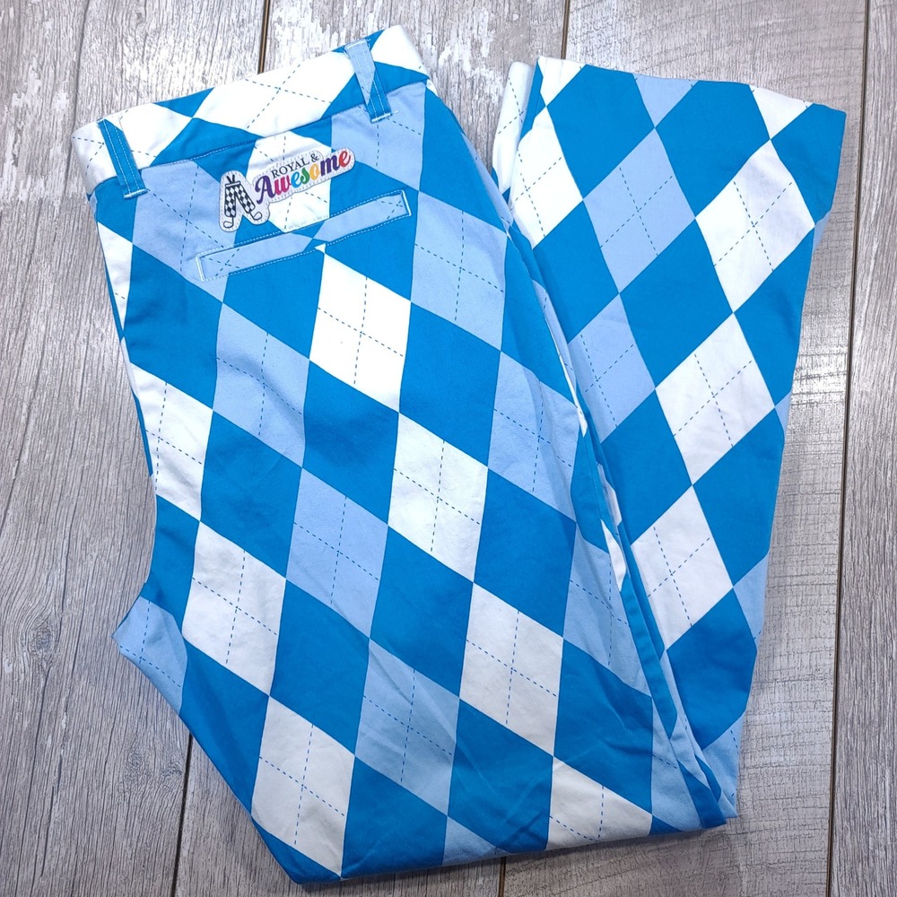 Royal & Awesome Golf Pants Womens 18 Blue Argyle Trousers Tee Holder Stretch